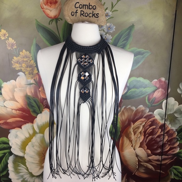 H&B B&H Jewelry - H & B Black Long Fringe Jewel Collar Bib Necklace